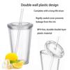 Reusable Plastic Cups, Double-Walled Transparent Drinking Cup with Straw, Reusable Cups, Suitable for Fruit Juice