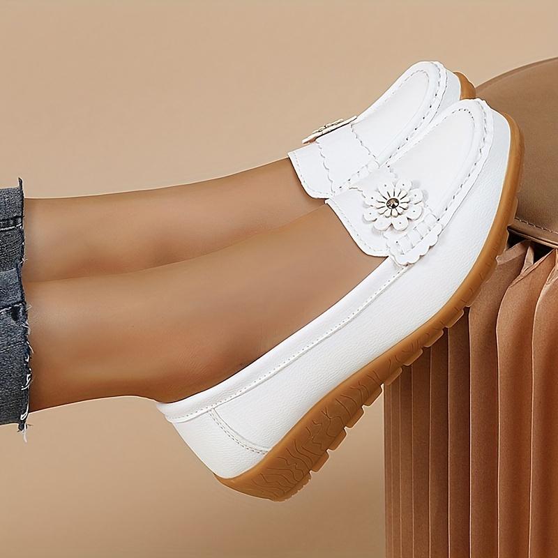 Women's Flower Decor Flat Loafers, Casual Solid Color Slip On Shoes, Lightweight & Comfortable Shoes