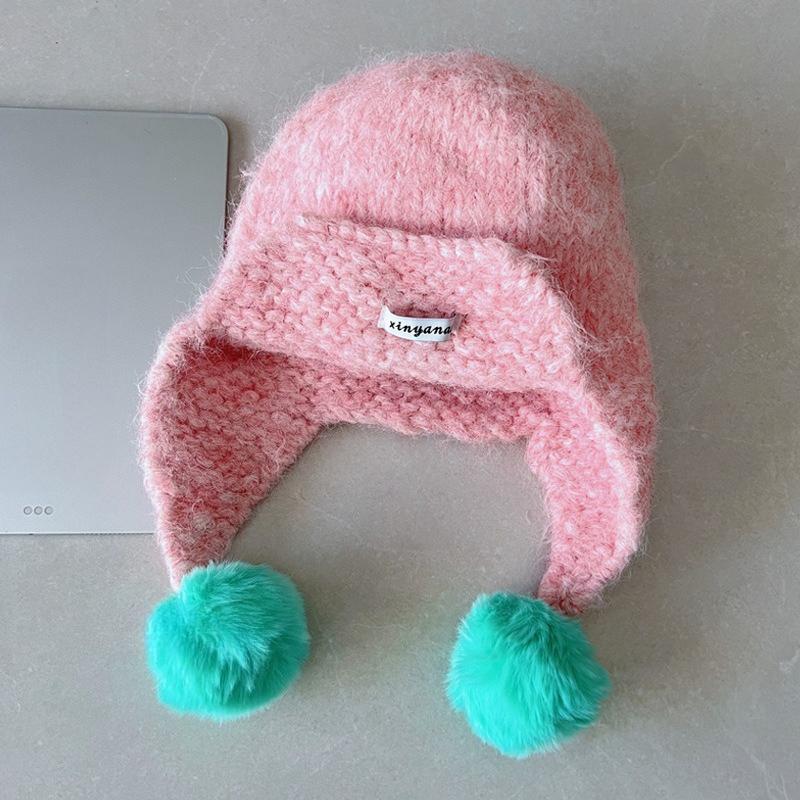 Colorful Wool Ball Knitted Woolen Hat for Women To Keep Warm in Autumn and Winter Korean Style Ear Protection Lei Feng Hat That Looks Smaller