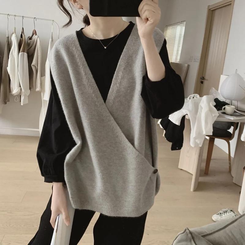 Dámská vesta s výstřihem do V, bez rukávů, pletený svetr vestička, oversized volný střih, volný svetr, ležérní, univerzální, bez rukávů, svetr vestička