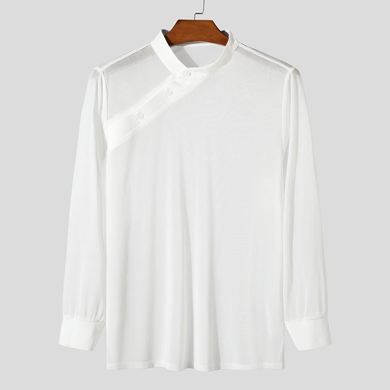 INCERUN Men Mockneck Long Sleeve Mesh Tops Party Button Down Fishnet Shirts