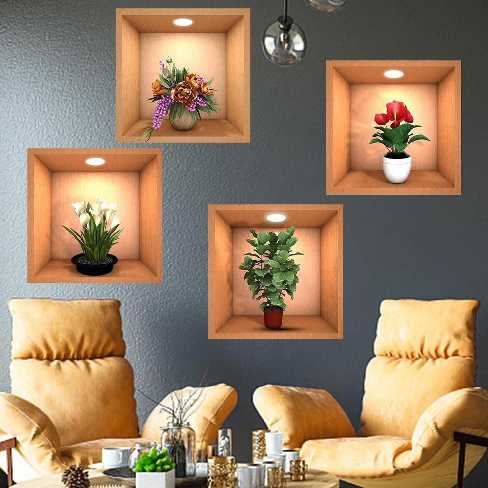4Pcs 3D Plant Wall Stickers Floral Pattern Green Plants PVC Wall Sticker for Home Art Room Bedroom Background Decoration