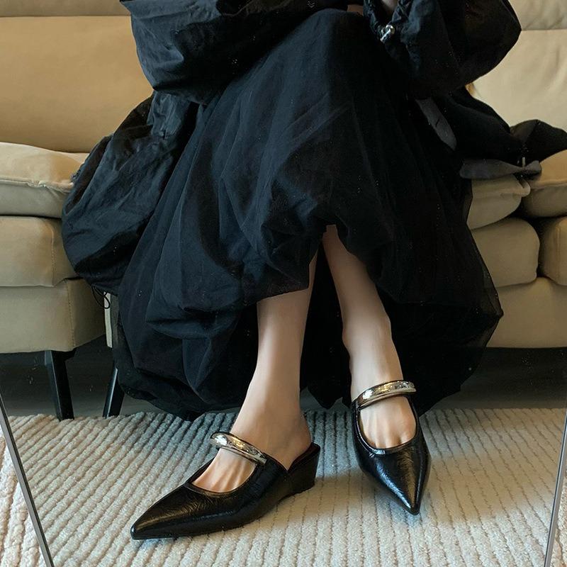 Sheepskin version! Baotou half slippers women's summer outer wear temperament niche pointed metal word with wedge heel shoes