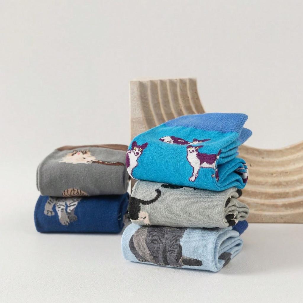 5 Pairs/Set Blue Cartoon Siamese Cat Cute Lovely Cotton Knitting Fashion Women Men Unisex Street Snap Jacquard Fancy Socks