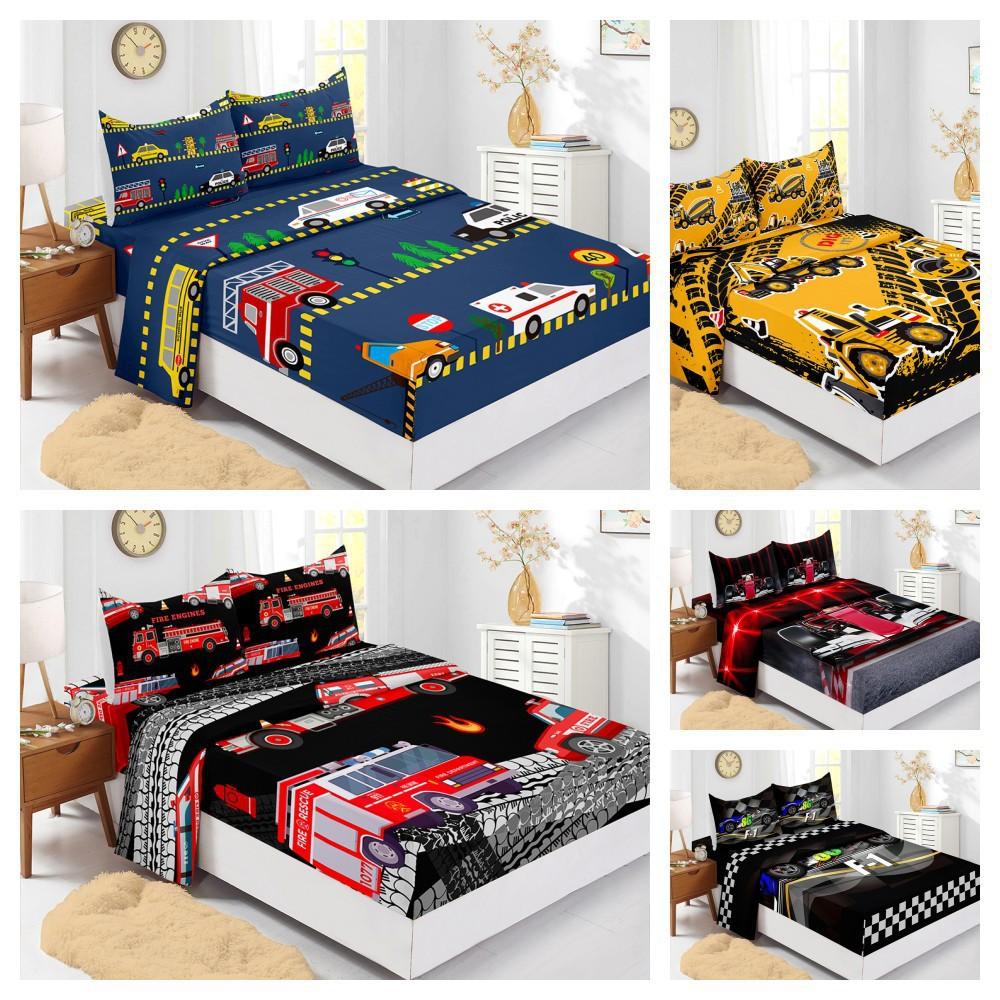 Four-Piece Mattress Racing Game Construction Car 3D Digital Printing Set Mattress Protective Cover