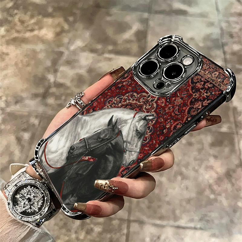 Horse Art Aesthetics Plating Phone Case For Iphone 16 17 Pro Max Air 16E 14 15 Plus 12 13 Mini Anti-Fall Airabag Cover