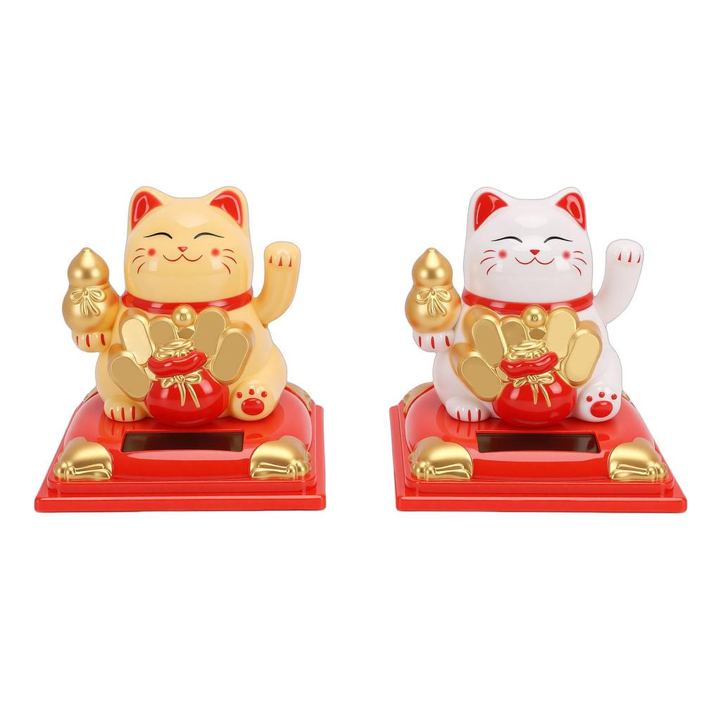 2pcs Lucky Cat 3.15 Inch Solar Powered Wealth Welcoming Waving Arm Cat for Car Dashboard WIndow Home Restaurant Decor