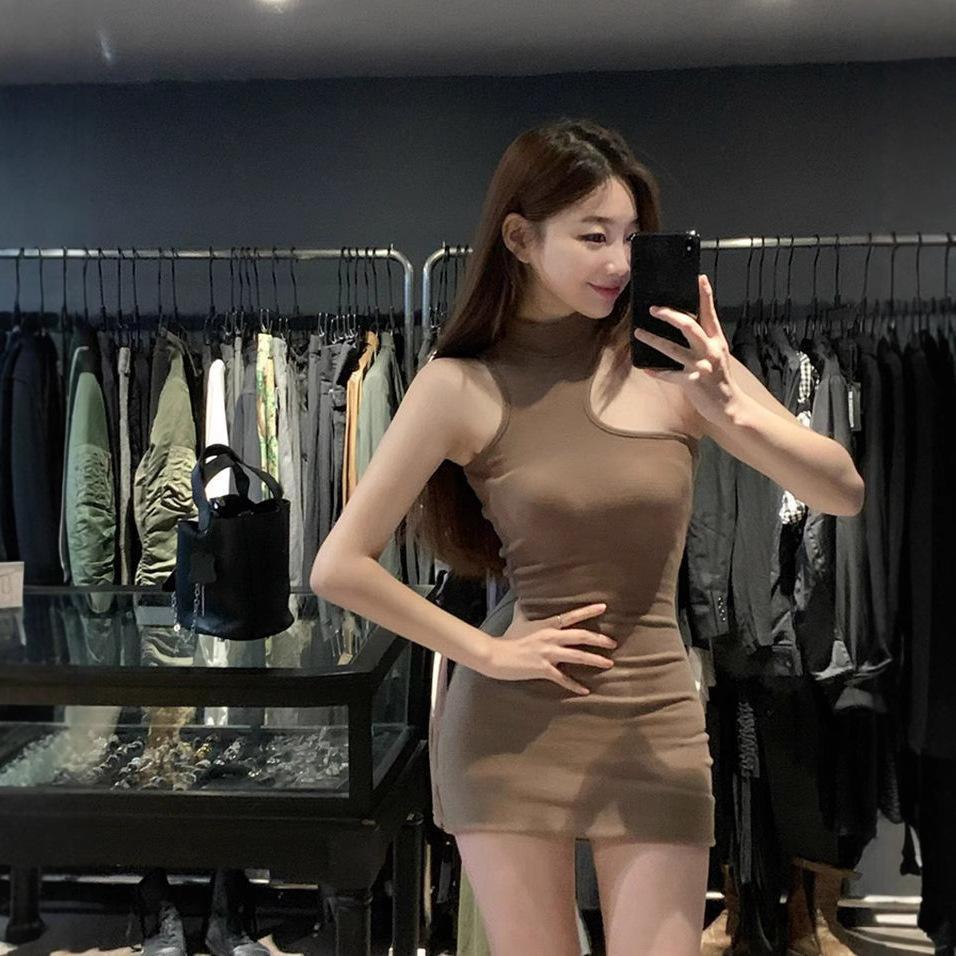 Spice girl style semi-turtleneck hollow dress women's summer new waist slim hip skirt off-the-shoulder skirt