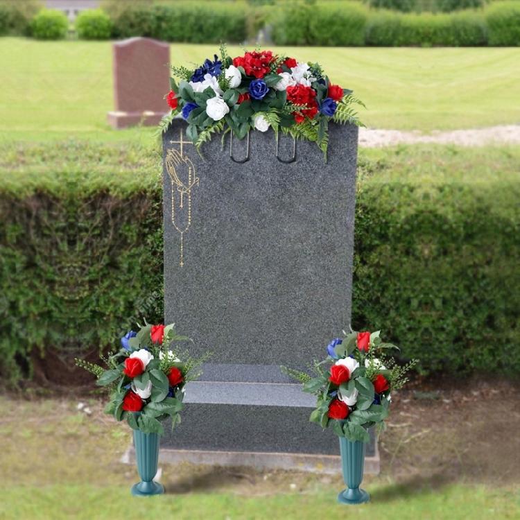 Memorial Grave Flower Saddles for Tombstone Artificial Cemetery Flower Bouquets with Vase for Graveyard Decoration