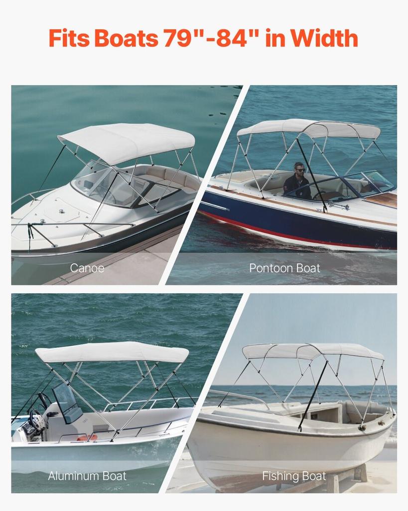 4-Bogen Boots-Bimini-Tops 96"L x(79"-84\")B x 54"H Markisenvordach Hellgrau