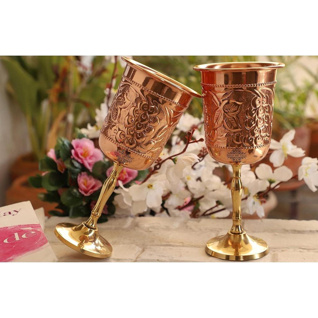 Pure Copper Wine Glass with Grape Vines Embossed Design & Brass Bottom, Serving Drinking Wine Cocktail Bar Hotel Restaurant, Volume-300 ML Pack of - 2