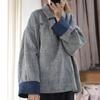 Johnature Linen Lapel Vintage Style Loose Shirt Autumn Woman Long Sleeves Splicing Contrast Color Shirt