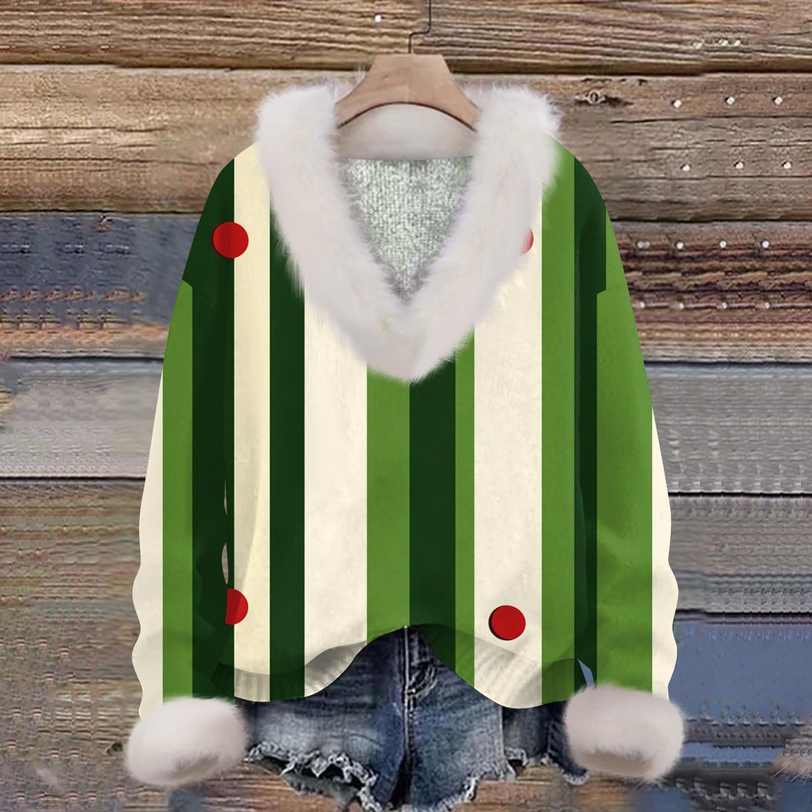 

Женская толстовка с длинным рукавом, рождественским принтом, плюшевым воротником, V-образным вырезом, пуловер XL зелёный