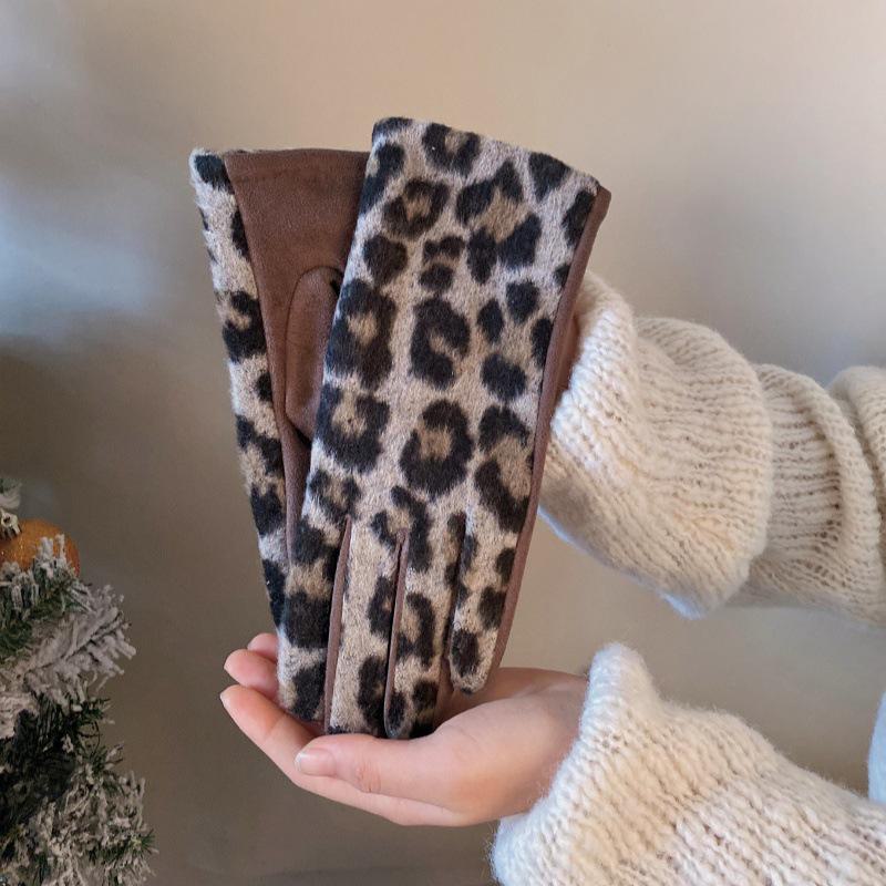 Touchscreen-Handschuhe aus Kaschmir mit Leopardenmuster für Damen zum Reiten und Autofahren im Winter