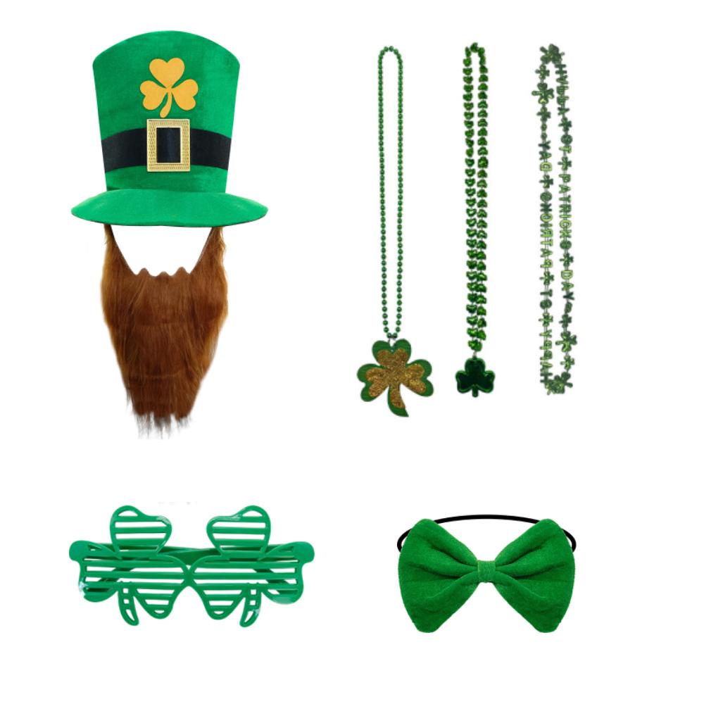 St. Patrick's Day Leprechaun Green Hat with Beard Costume Accessory Party Costume Suit Hat Bow Tie Beard Necklace Accessory