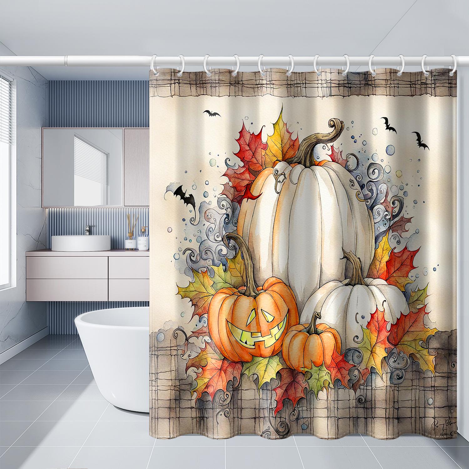 

1 Piece Pumpkin Castle Halloween Bat Shower Curtain With Plastic Hooks, Decorated With Autumn And Winter Cartoon Holiday Style W60H190(CM)-1 Pcs