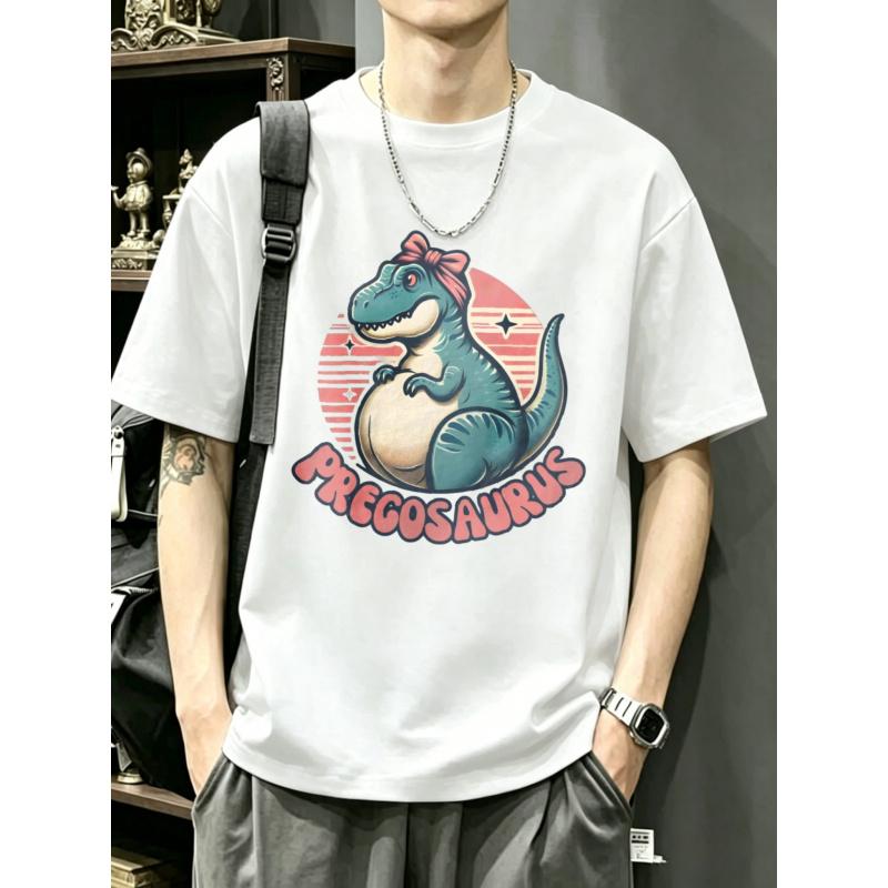 Crewneck T Shirt White Dinosaur with Bow And Pregosaurus Text Graphic Print Casual Wear for Men And Women