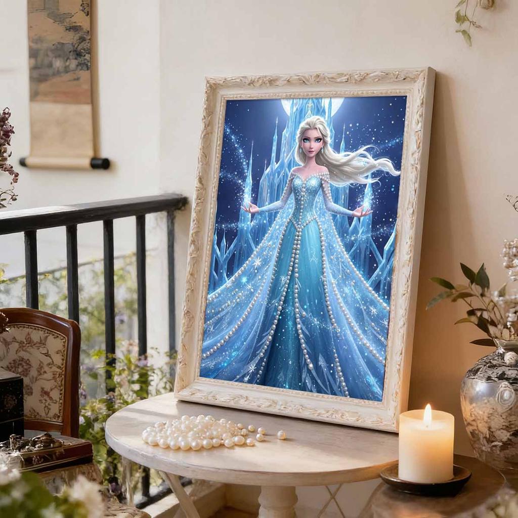 Castello di Ghiaccio Illuminato dalla Luna Elsa Nuova Arte Senza Cornice Intarsiata di Perle | Artigianato di Perle Fatto a Mano, Tema Castello di Ghiaccio Stellato, per Elegante Decorazione di Lusso Frozen