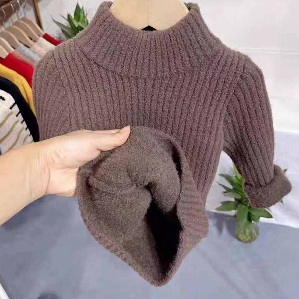 Kids Thickened Fleece Knit Sweater Unisex Solid Pullover Base Layer Top For Autumn Winter