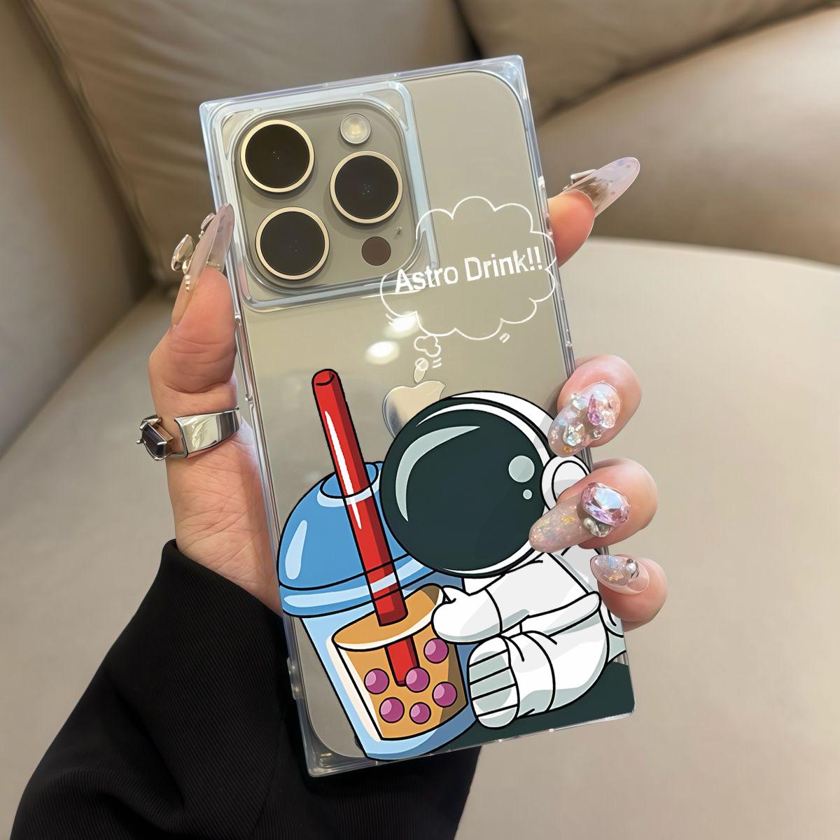 

Square Back Tube Protection Clear Case For iPhone 11 13 16 ProMax 14 Pro Max 12 15 Plus Anti-Oxygen,Holding A Bubble Tea Astronaut Pattern Casing iphone 11 ProMax