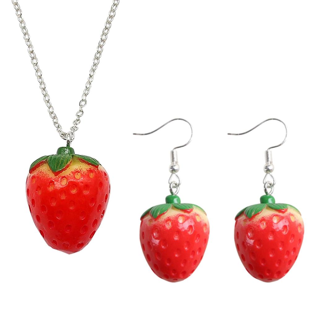 Fashion Strawberry Pendant Necklace Earring Sweet Clavicle Chain Simple Choker 3D Fruit Dangle Earring Statement Jewelry