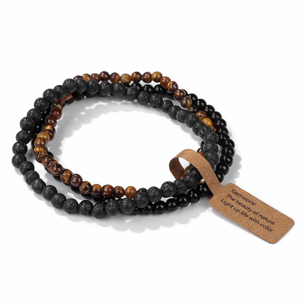 Braccialetti Elastici con Perline di Pietra Naturale da 4 mm (3 Pezzi) per Donna Uomo Agate Muschiate Quarzi Rosa Set di Braccialetti Elasticizzati con Etichetta Gioielli
