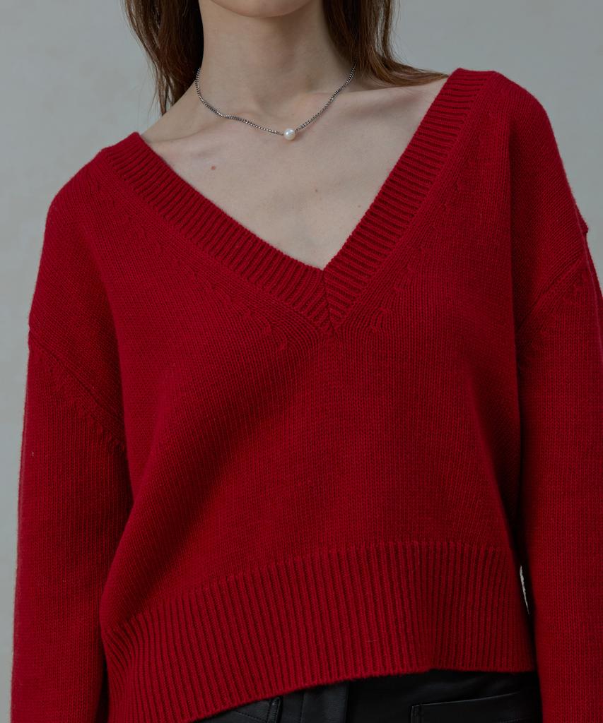 Aheule Moana Renew Wool Cropped V-Neck Knit_Red