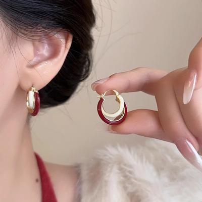 Wine Red White Geometric Double Circle Hoop Earrings For Wome Niche Retro Temperament Light Luxury High-end Unique Earrings Jewelry Gifts