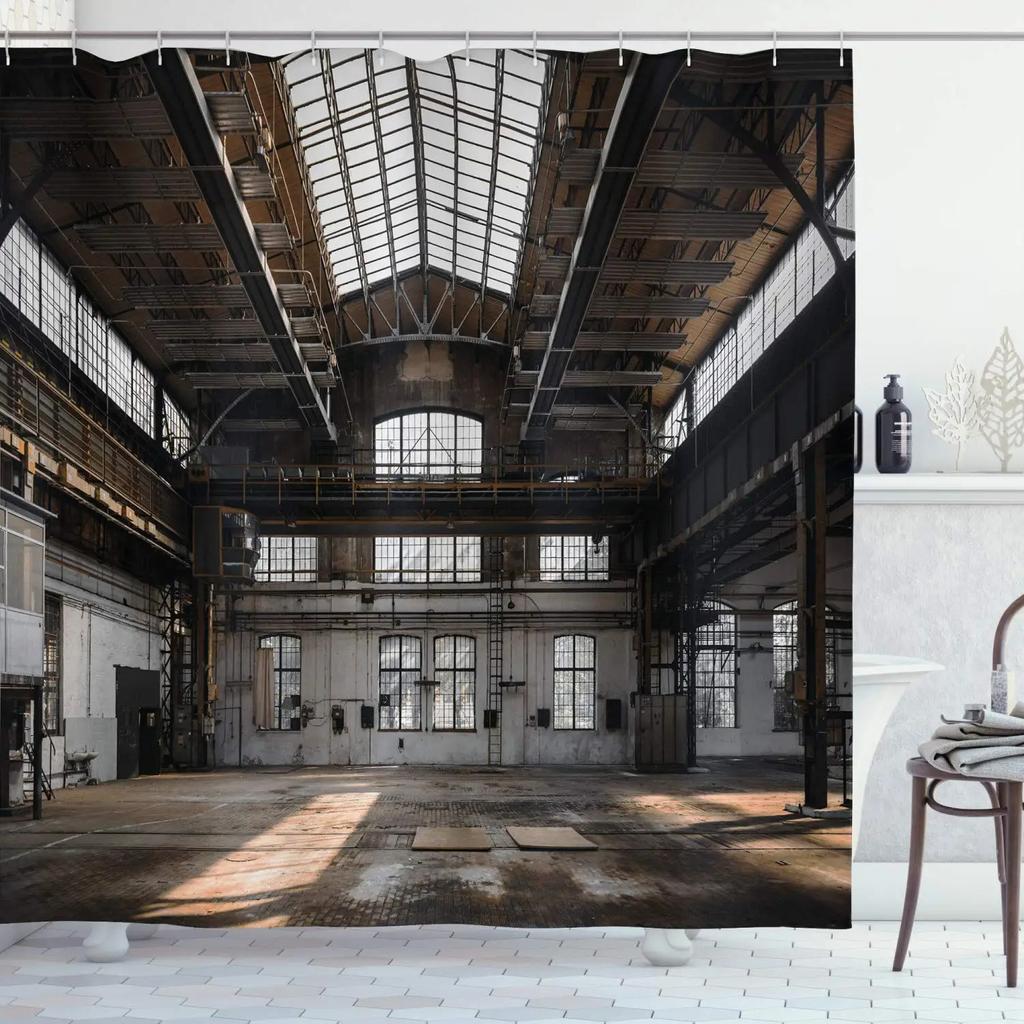 Průmyslový sprchový závěs, Steampunkový styl Antická mosazná kulatá upevňovací spona, Látkový koupelnový dekorační set s háčky