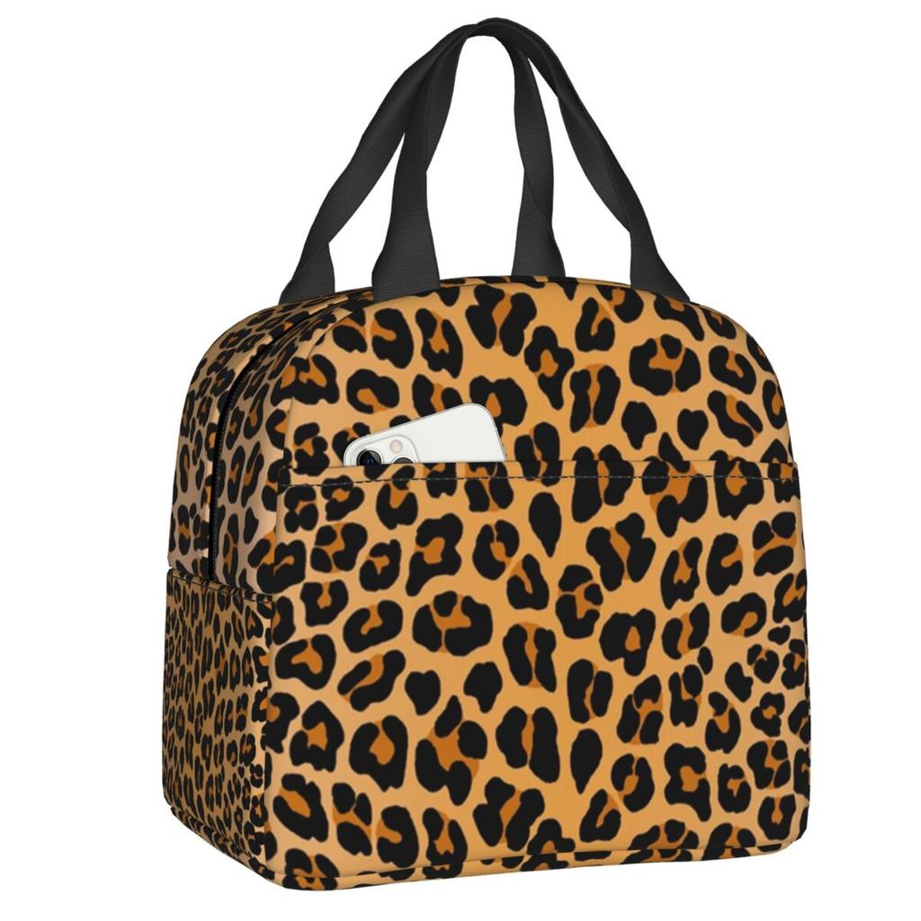 Benutzerdefinierte Leopardenmuster Tragbare Lunchboxen Damen Auslaufsicher Tierfellmuster Kühlbox Thermische Lebensmittelisolierte Lunchtasche Schüler