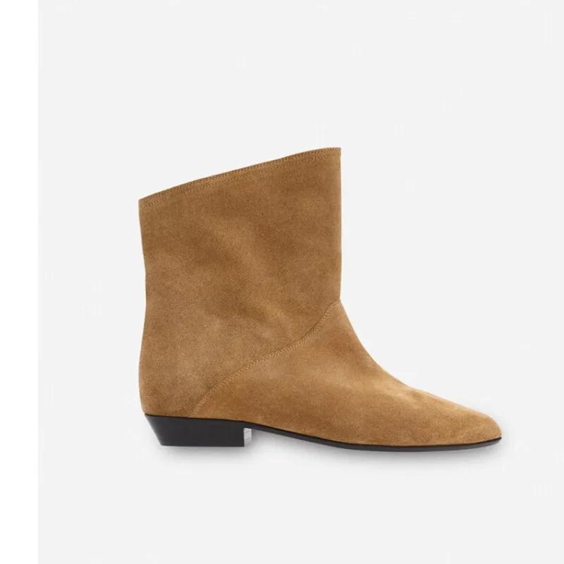 Fashion New Fashion Black Lazy Pleated Cow Suede Ankle Boots Autumn Winter Round Head Low-heel Short Plush Warm Women Boot Size 34-43