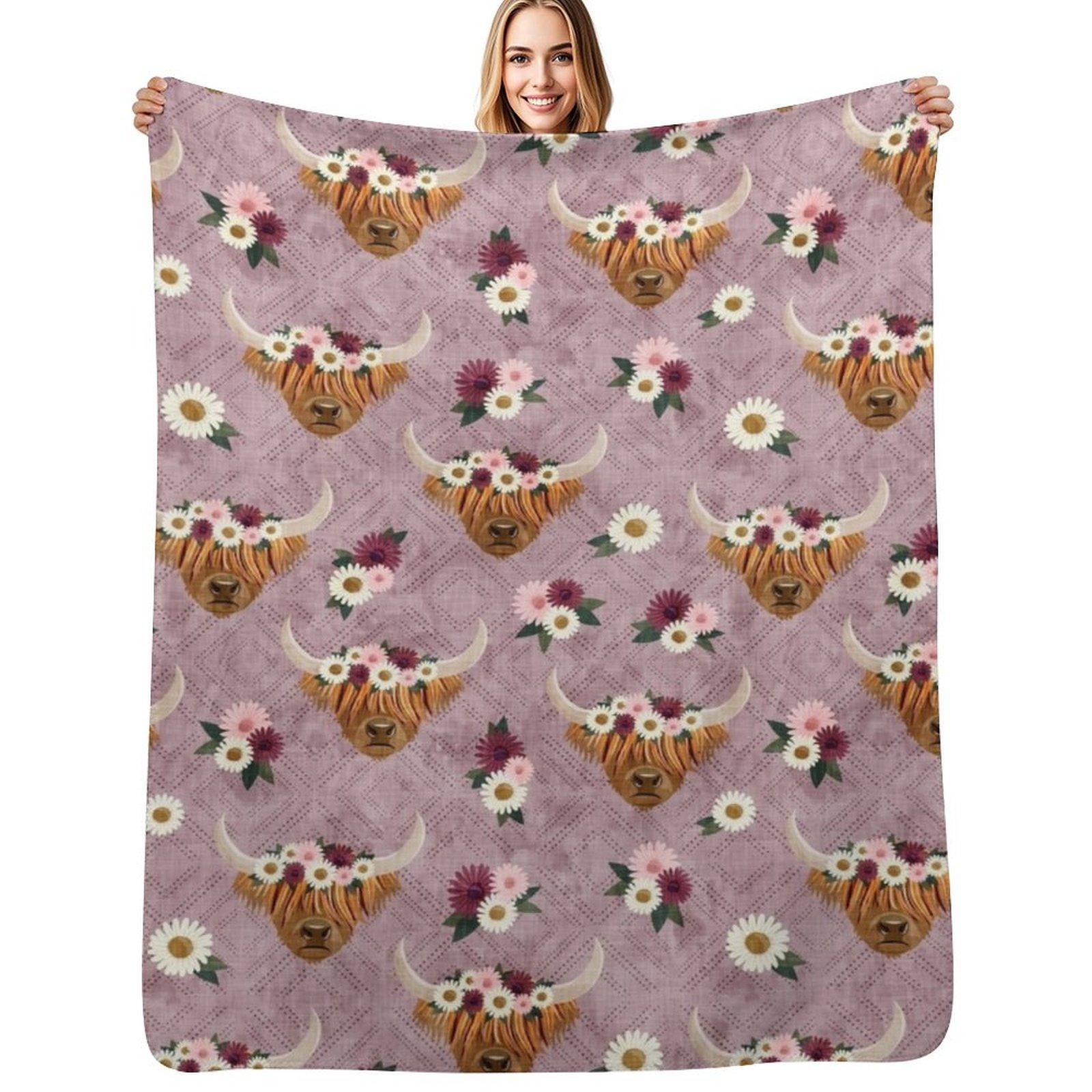 Floral Crowned Highland Cows on Mauve Throw Blanket Color Fast Cozy Throw Blanket Size: 75*100cm, Weight: 230 GSM