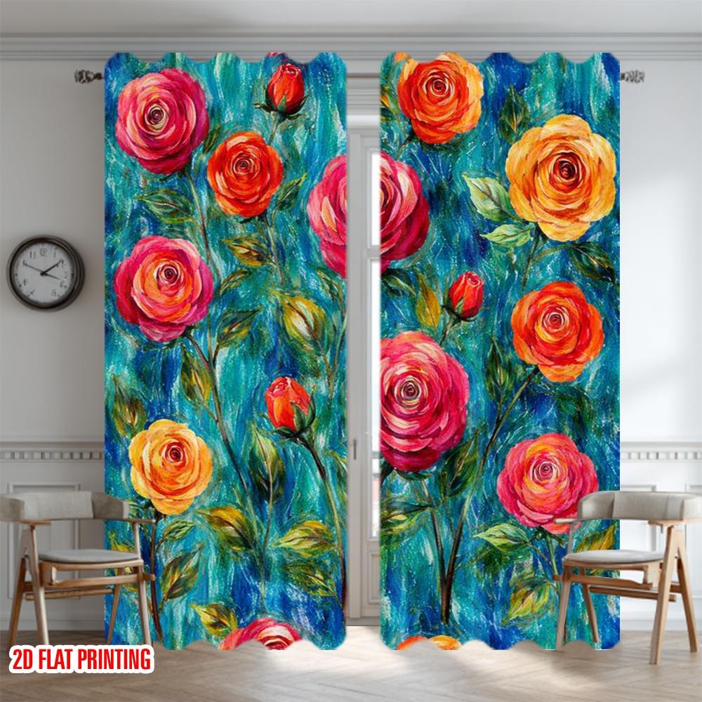 2D flat printing 2pcs Curtain Window Treatment Curtains Vibrant Roses on Blue Digital Printed Polyester Drapes Festive Curtains