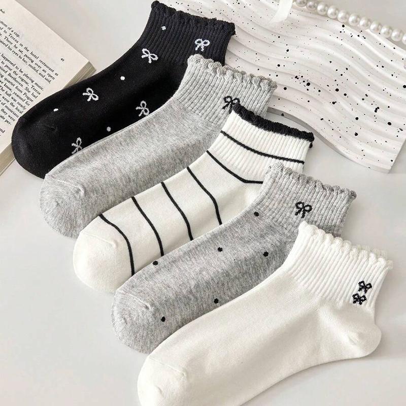 Xiaomi 5 Pairs Women's Lace Ankle Socks, Korean Bow No-Show Socks, Cute Low Cut Socks, Daily Casual Socks