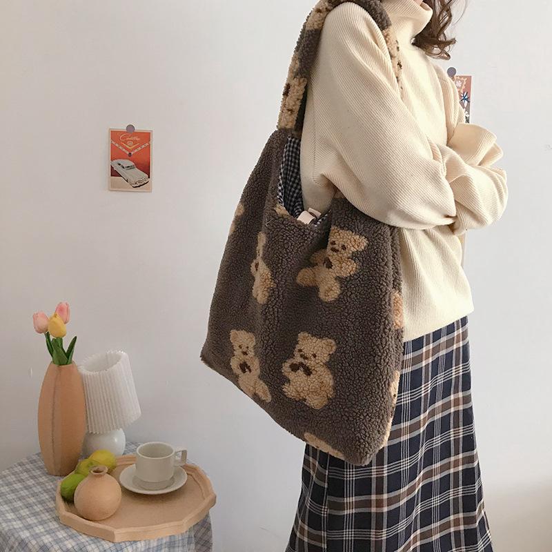 Women Plush Shoulder Bag Warm Cloth Fabric Handbag Soft Canvas Tote Large Capacity Shopping Bags Cute Bear Book Bags For Ladies