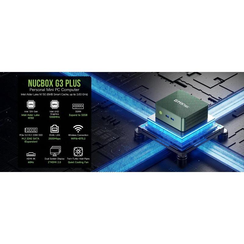 GMKTec G3 plus N150 Mini PC Barebone Windows 11 pro 8 GB DDR4 256 GB NVMe SSD WiFi 6 BT 5.2 Dual-Display Computer für Büro