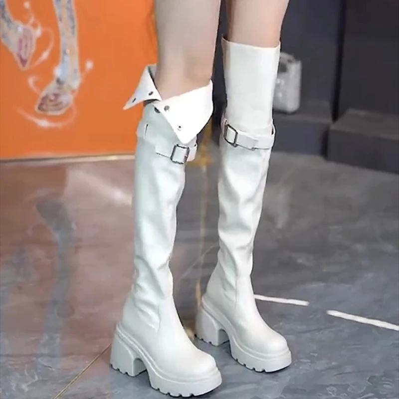 Plattform Dame Over Kneet Høye Støvler Mote Slip On Belte Spenne Sko Høst Vinter Dames Tykk Hæl Lange Ankelstøvletter