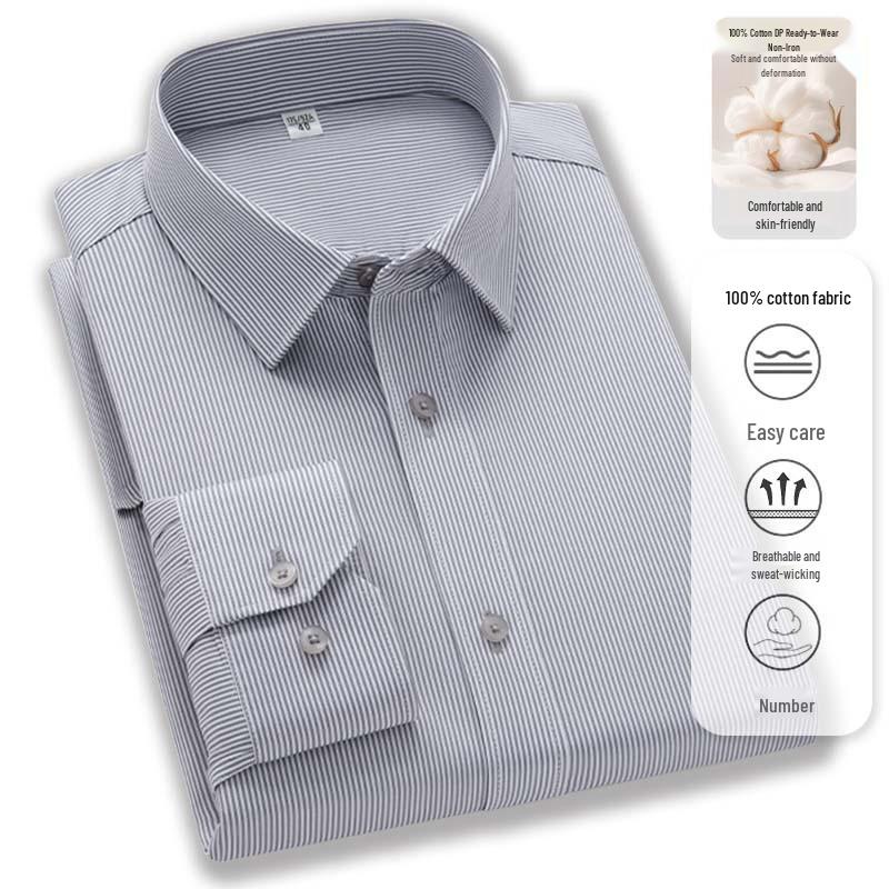Men's Non-Iron Long Sleeve Cotton Shirt: Business Casual Solid & Stripe