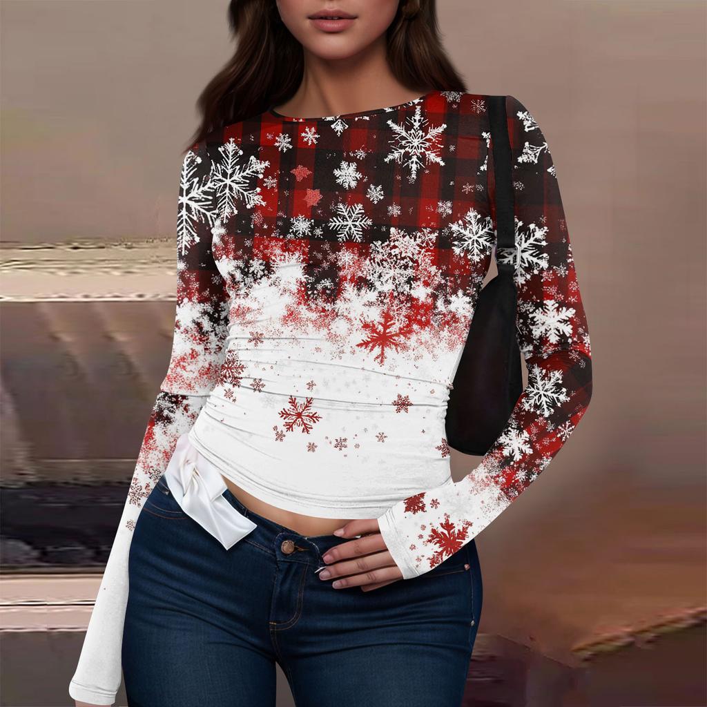 Women's Fashion Casual Round Neck Christmas Printed Long Sleeve T-Shirt Top