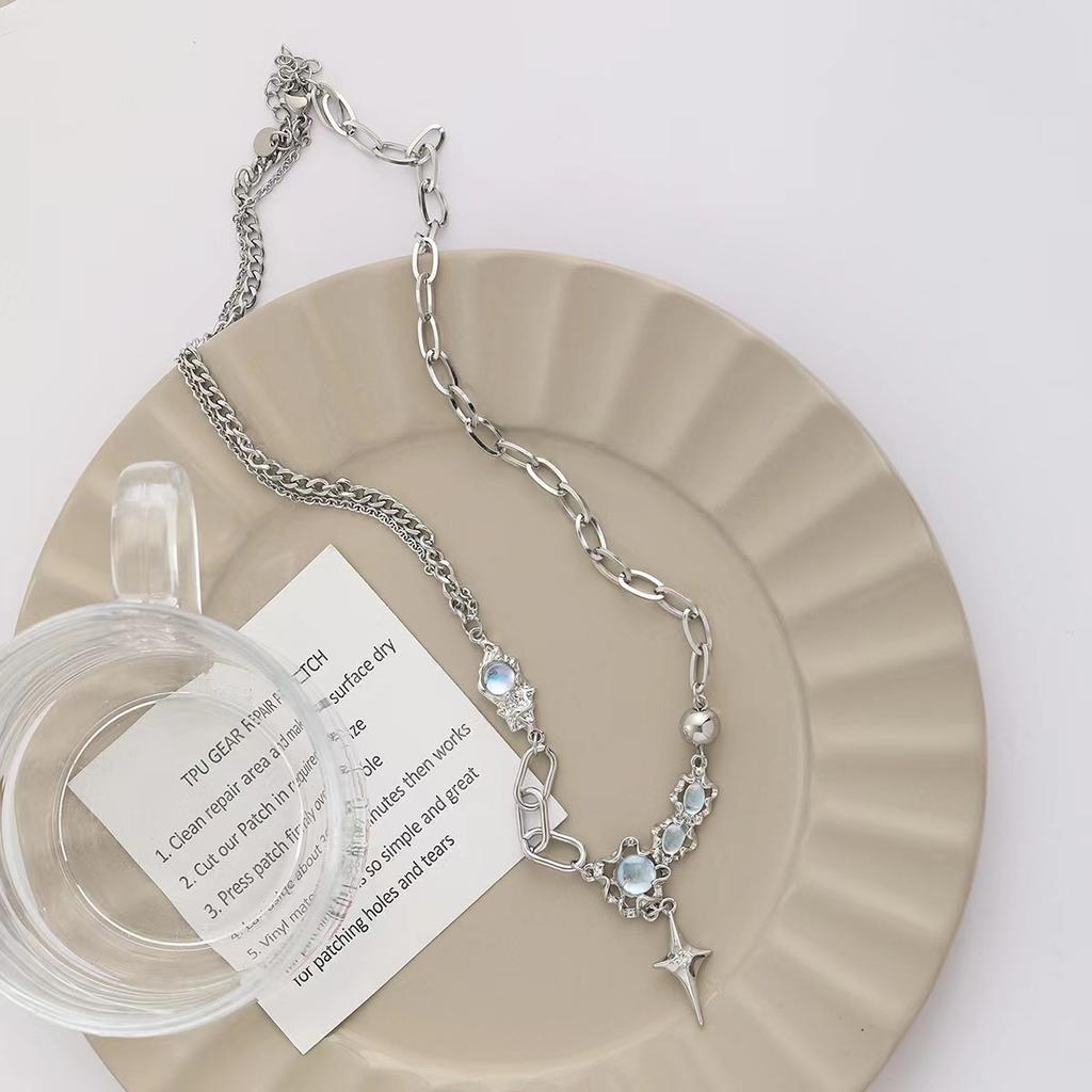 Internet celebrity light luxury niche high sense moonstone cross necklace female sweet cool hot girl collarbone chain versatile sweater chain