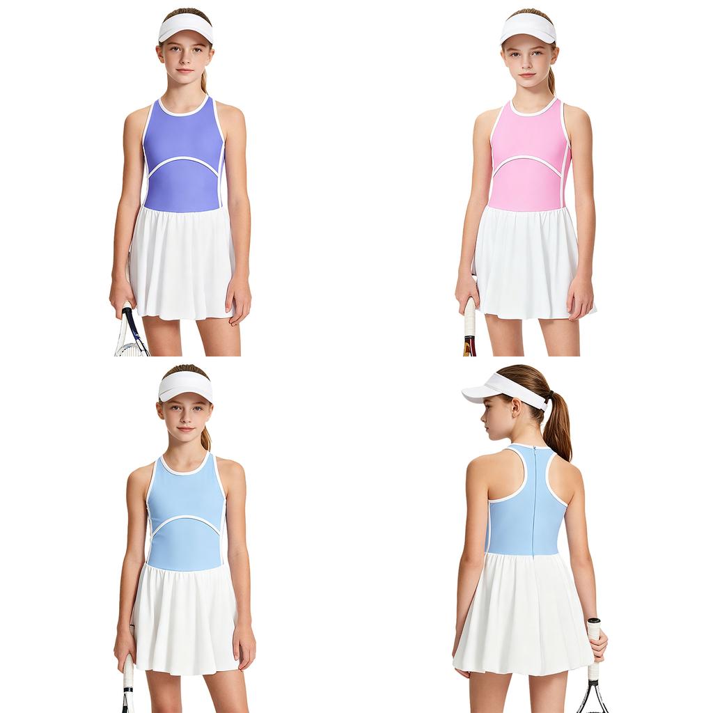 Girls Color-block Tennis Dress Sleeveless Bubble Style with Built-in Shorts for Sports Golf Casual Summer Sundress