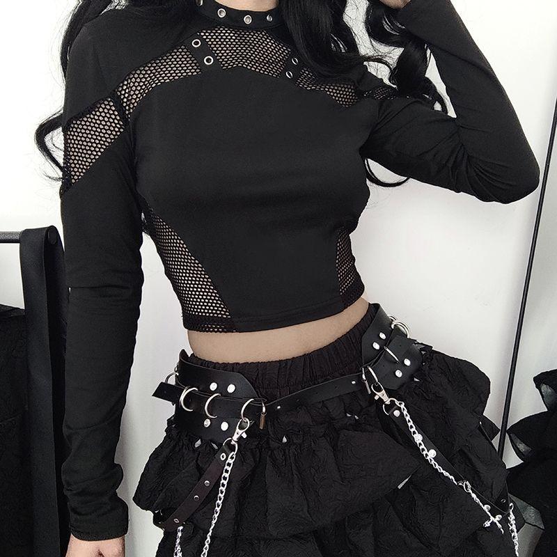 Gothic Black Crop Top Chic See Through Mesh Patchwork Full Sleeve Skinny Basic T-shirt Women Punk Style Stitched T-Shirts