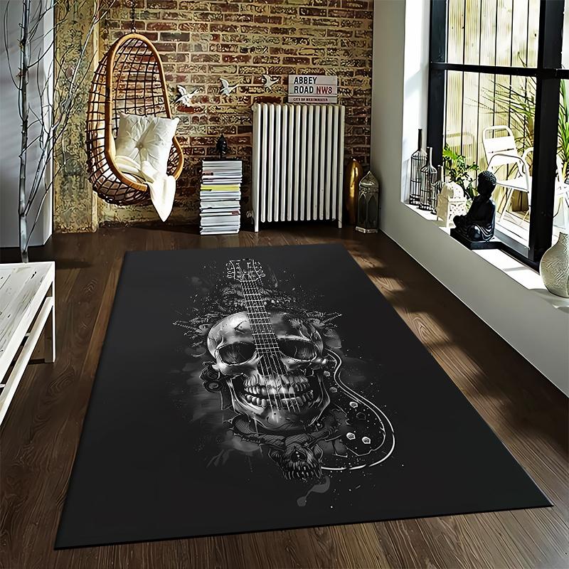 Guitar Design Black Carpet with Skull Patterns for Music Lovers Decor Suitable for Use As an Anti-slip for Living Room Bedroom Sofas