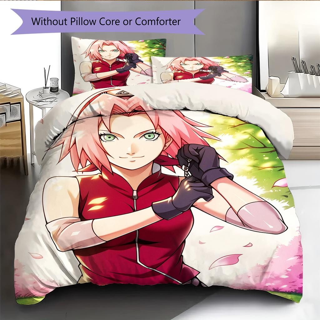 Anime Naruto Wzór Haruno Sakura Pościel Dekoracja Domu Prezent Urodzinowy (1 * poszwa na kołdrę + 2 * poszewki na poduszki, bez rdzenia)