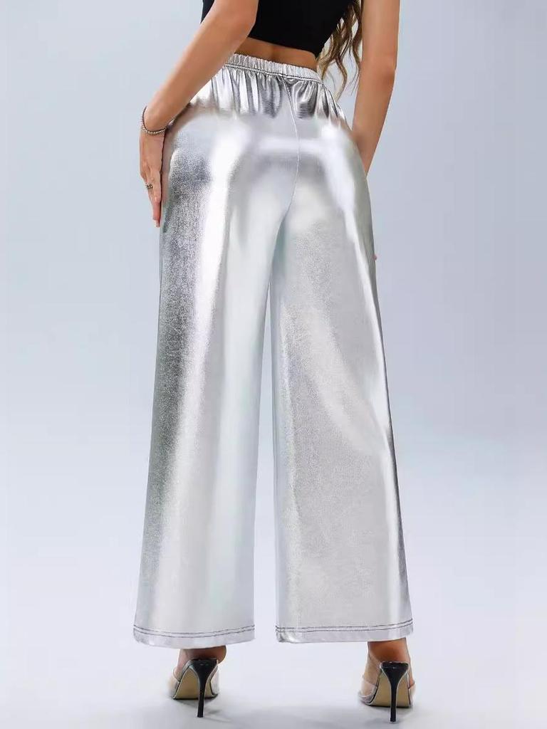 New Summer Women's Pants, Silver Foil Loose High Waist Wide Leg Casual Pants