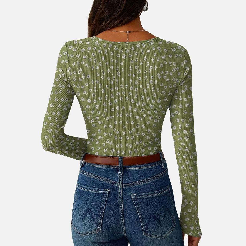 Women's Slim Bottom T-shirt Fashion Casual Gradient Printing Round Neck Pullover Long Sleeve Top