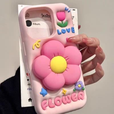 3D Pink Flower Bracket Case for Xiaomi Redmi Note 14 Pro 5G 12 4G 11 10 12 13 14 Pro Plus 12S 10S 14C 13C 12 A3 Silicone Cover