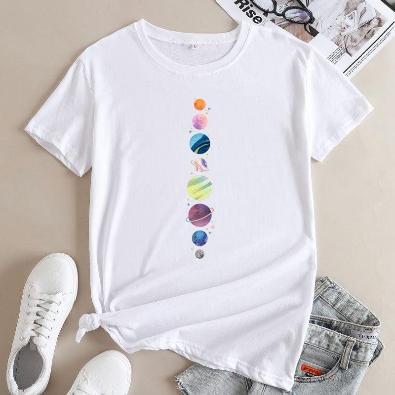 Summer Round Neck Planet Pattern Printed Top Fashionable Casual Short Sleeved Women's Pure Cotton T-shirts