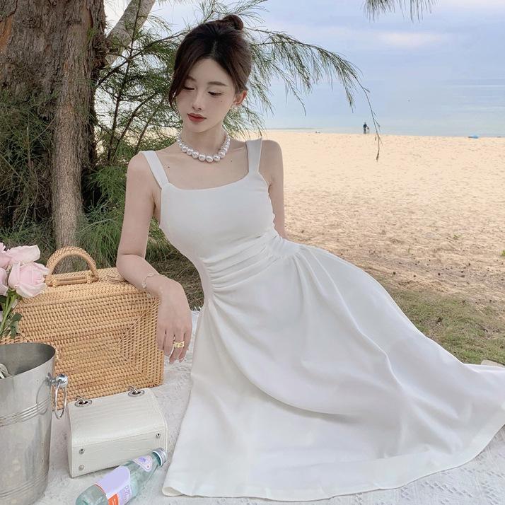 Gentle wind square neck suspender solid color dress summer women's French slim high waist temperament over the knee medium and long skirt