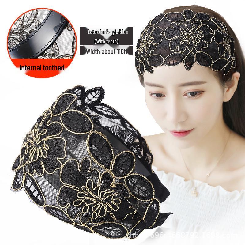 

Корейская этническая широкая кружевная повязка на голову: Аксессуар для волос для маскировки седины и визуального сужения лица чёрный